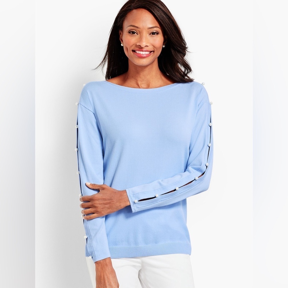 Talbots Pearl Embelished  Boatneck Sweater Blue Women Size M